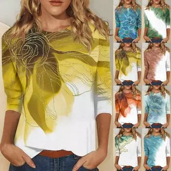 Рубашки с рукавом 3/4 для женщин, милые футболки с графическим принтом, блузки, повседневные базовые топы больших размеров, пуловеры L синий