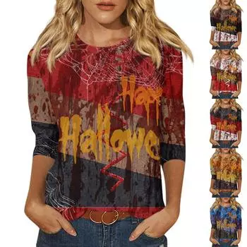 Рубашки с рукавом 3/4 для женщин Футболки с принтом на Хэллоуин Блузки Повседневные топы больших размеров Базовые топы Пуловеры XL