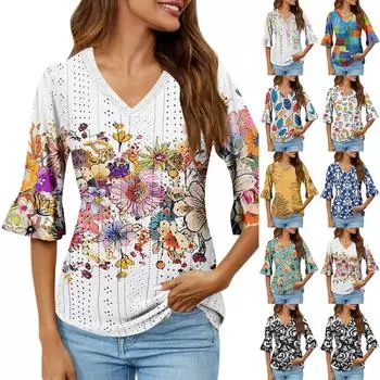 Рубашки с рукавом 3/4 для женщин, свободная футболка с принтом, топы с v-образным вырезом и рюшами, футболка, топ L чёрный