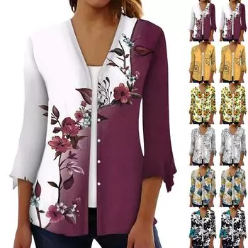 Рубашки с рукавом 3/4 для женщин, свободная футболка с принтом, топы с v-образным вырезом и рюшами на рукавах XL зелёный