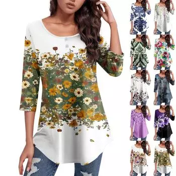 Рубашки с рукавом 3/4 для женщин с принтом, повседневная футболка на пуговицах с круглым вырезом и верхом с изогнутым краем L зелёный