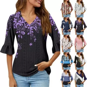 Рубашки с рукавом 3/4 для женщин, свободная футболка с принтом, топы с v-образным вырезом и рюшами, футболка, топ XXXXXL синий