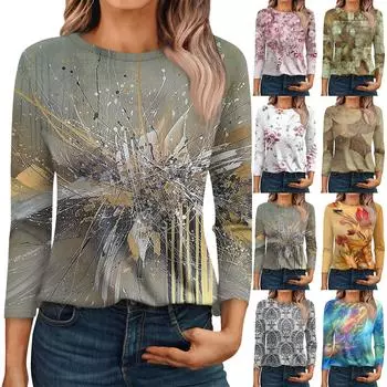 Рубашки с рукавом 3/4 для женщин, милые футболки с графическим принтом, блузки, повседневные базовые топы больших размеров, пуловеры L синий