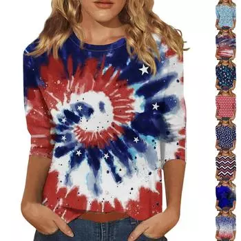 Рубашки с рукавом 3/4 для женщин, футболки с принтом в честь Дня независимости, блузки, повседневные базовые топы больших размеров, пуловеры L