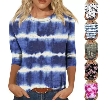 Рубашки с рукавом 3/4 для женщин, милые топы, футболки с рисунком, блузки, повседневные базовые топы больших размеров, пуловеры L синий
