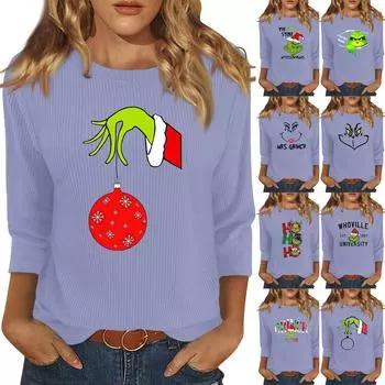 Рубашки с рукавом 3/4 для женщин, футболки с принтом, блузки, повседневные, больших размеров, базовые топы, пуловеры L винный