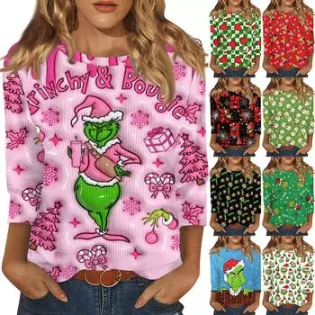 Рубашки с рукавом 3/4 для женщин Милые рождественские принты Графические футболки Блузки Повседневные Большие размеры Базовые топы Пуловеры M красный