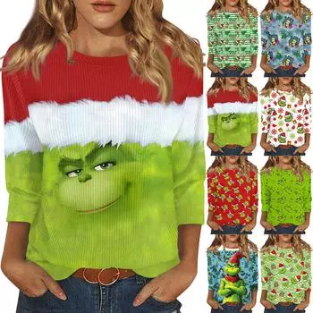 Рубашки с рукавом 3/4 для женщин Милые рождественские принты Графические футболки Блузки Повседневные Большие размеры Базовые топы Пуловеры M