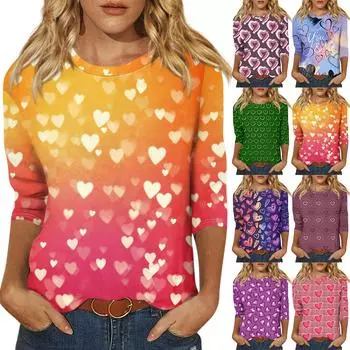 Рубашки с рукавом 3/4 для женщин, футболки с графическим принтом, блузки, повседневные базовые топы, пуловеры L розовый