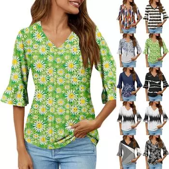 Рубашки с рукавом 3/4 для женщин, свободная футболка с принтом, топы с v-образным вырезом и рюшами, футболка, топ L чёрный