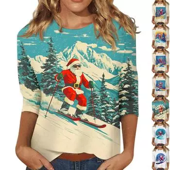 Рубашки с рукавом 3/4 для женщин, футболки с принтом, блузки, повседневные, больших размеров, базовые топы, пуловеры XXL фиолетовый