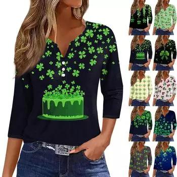 Рубашки с рукавом 3/4 для женщин, милые футболки с графическим принтом, блузки, повседневные блузки, туники с V-образным вырезом, топы St. Патрика S синий