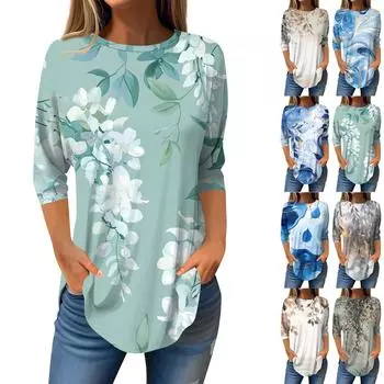 Рубашки с рукавом 3/4 для женщин, милые топы, футболки с рисунком, блузки, повседневные базовые топы больших размеров, пуловеры L чёрный