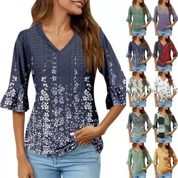 Рубашки с рукавом 3/4 для женщин, свободная футболка с принтом, топы с v-образным вырезом и рюшами на рукавах S зелёный