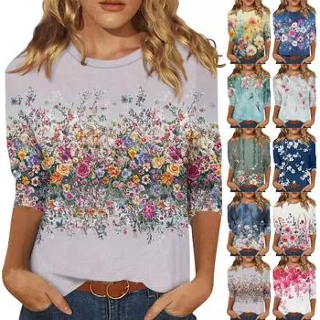 Рубашки с рукавом 3/4 для женщин, милые футболки с графическим принтом, блузки, повседневные базовые топы больших размеров, пуловеры L темно-зеленого