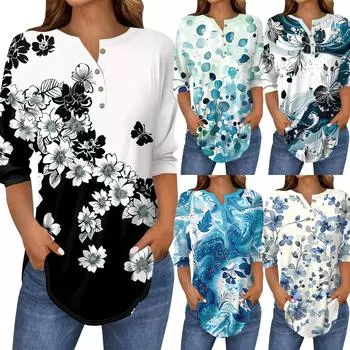 Рубашки с рукавом 3/4 для женщин, модные, повседневные, с круглым вырезом, с принтом, футболка, топ XL циан