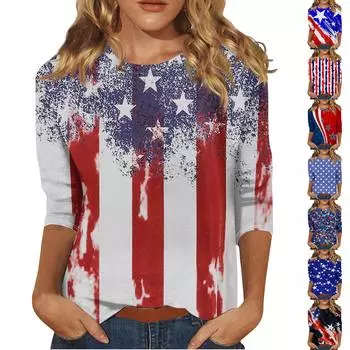 Рубашки с рукавом 3/4 для женщин, футболки с принтом в честь Дня независимости, блузки, повседневные базовые топы больших размеров, пуловеры L чёрный