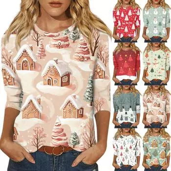 Рубашки с рукавом 3/4 для женщин, футболки с графическим принтом, блузки, повседневные базовые топы, пуловеры XXL белый