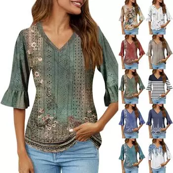 Рубашки с рукавом 3/4 для женщин, свободная футболка с принтом, топы с v-образным вырезом и рюшами, футболка, топ S бронзовый