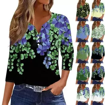 Рубашки с рукавом 3/4 для женщин, милые футболки с графическим принтом, блузки, повседневные блузки, туники с V-образным вырезом, топы St. Патрика XXL