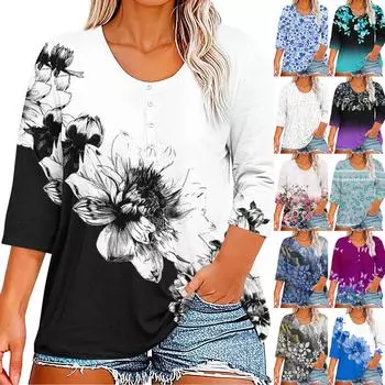 Рубашки с рукавом 3/4 для женщин, футболки с рисунком и пуговицами, блузки с v-образным вырезом, повседневные базовые топы больших размеров, пуловеры M розовый