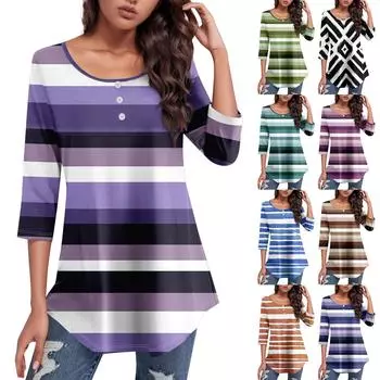 Рубашки с рукавом 3/4 для женщин с принтом, повседневная футболка на пуговицах с круглым вырезом и верхом с изогнутым краем L