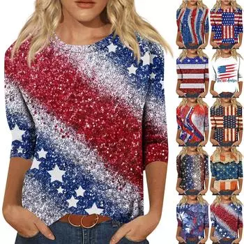 Рубашки с рукавом 3/4 для женщин, футболки с принтом в честь Дня независимости, блузки, повседневные базовые топы больших размеров, пуловеры L чёрный
