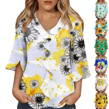 Рубашки с рукавом 3/4 для женщин, милые топы, футболки с рисунком, блузки, повседневные базовые топы больших размеров, пуловеры L синий