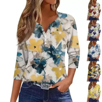 Рубашки с рукавом 3/4 для женщин, милые топы, футболки с рисунком, блузки, повседневные базовые топы больших размеров, пуловеры XXL винный