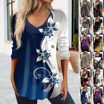 Рубашки с рукавом 3/4 для женщин, футболки с графическим принтом в стиле ретро, блузки, повседневные базовые топы больших размеров, пуловеры L армия зеленый