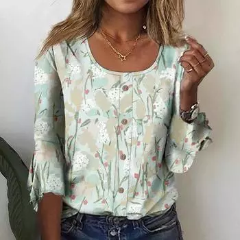 Рубашки с рукавом 3/4 для женщин, футболки на пуговицах с рисунком и принтом, блузки, повседневные базовые топы больших размеров, пуловеры S