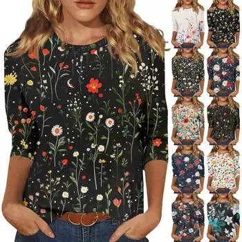 Рубашки с рукавом 3/4 для женщин, милые футболки с графическим принтом, блузки, повседневные базовые топы больших размеров, пуловеры S белый