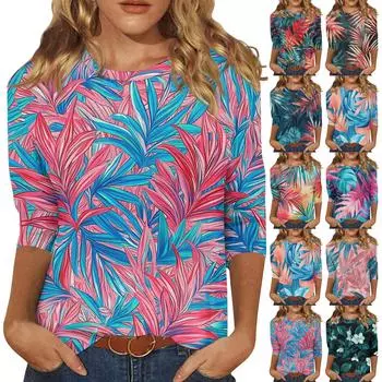 Рубашки с рукавом 3/4 для женщин, милые футболки с графическим принтом, блузки, повседневные базовые топы больших размеров, пуловеры XXL