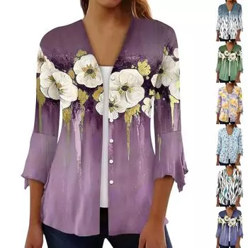 Рубашки с рукавом 3/4 для женщин, свободная футболка с принтом, топы с v-образным вырезом и рюшами на рукавах XXXL
