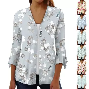 Рубашки с рукавом 3/4 для женщин, свободная футболка с принтом, топы с v-образным вырезом и рюшами на рукавах XL