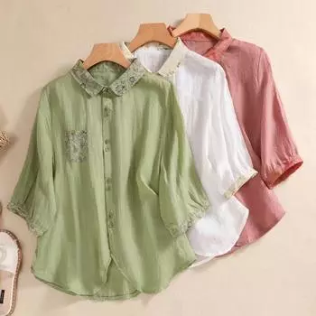 Рубашки с вышивкой и рукавом пять четвертей для женщин, свободная летняя рубашка с рукавом-фонариком во французском стиле M зелёный