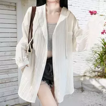 Рубашки солнцезащитные женские осенние свободные однотонные кардиганы с капюшоном и завязками на талии, женские полосатые текстуры, минималистская блузка S белый