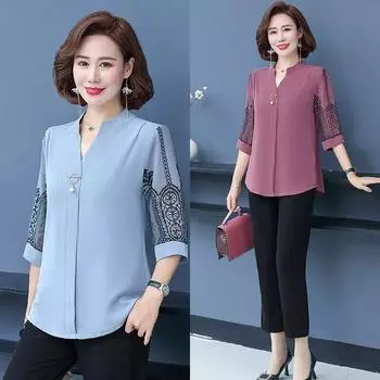 Рубашки Топы Женские блузки Офисные шифоновые рубашки Элегантные женские топы с V-образным воротником и рукавами 3/4 Blusas 5XL красный