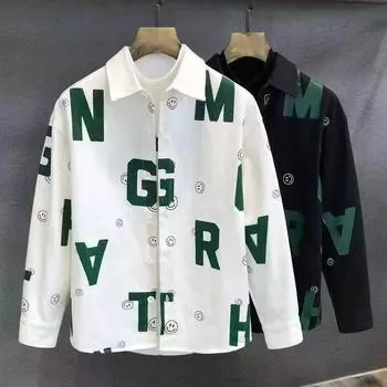 Рубашки унисекс в корейском стиле с длинными рукавами и буквенным принтом — модные, свободного кроя для весны и осени XL чёрный