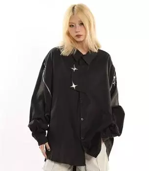 Рубашки унисекс в стиле ретро со звездами и пуговицами на молнии для мужчин и женщин, повседневные свободные уличные рубашки, тонкие топы, одежда Y2K M белый