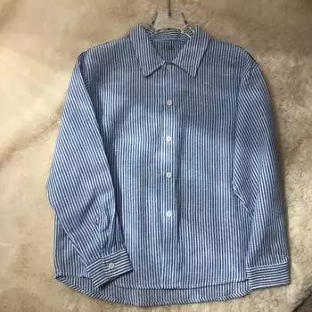 Рубашки в синюю полоску для девочек, контрастные вертикальные полоски, топ для девочек с длинными рукавами, отложной воротник, однобортная детская одежда 8-9 Years синий