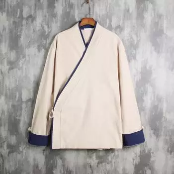 Рубашки в стиле ретро Hanfu Cotton Linen с длинным рукавом, лоскутная мужская кардиган со шнуровкой XXXXL бежевый
