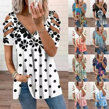 Рубашки в стиле вестерн для женщин, летние топы с короткими рукавами и застежкой-молнией, полые топы с принтом XXL чёрный