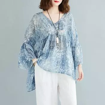 Рубашки весна-лето Модные женские блузки и рубашки Художественный топ больших размеров с V-образным вырезом для кукол Large size average size