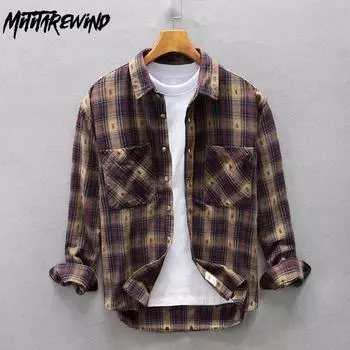 Рубашки весна/осень для мужчин, свободная рубашка в клетку в стиле ретро с двойными карманами, воротником-лацкан, мужская повседневная рубашка из чистого хлопка, молодежная верхняя рубашка M армия зеленый