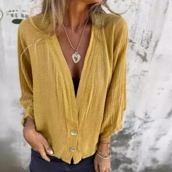 Рубашки весна-осень женская свободная рубашка с V-образным вырезом и длинными рукавами повседневный топ S