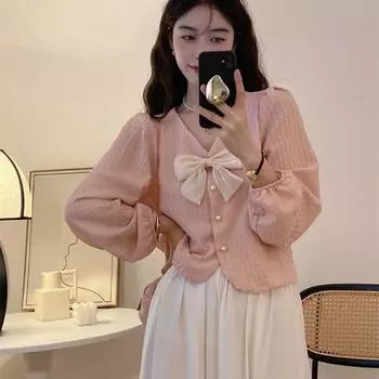 Рубашки во французском стиле женские с V-образным вырезом и бантом, с длинным рукавом, свободные, однотонные, сладкие, одежда весна-осень, повседневные, для поездок на работу, модные, новые S розовый