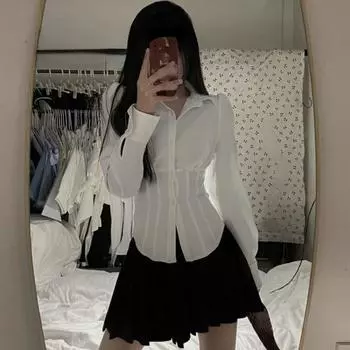 Рубашки женские, однотонные, в консервативном стиле, милые, простые, блузки, повседневные, базовые, тонкие, женские, хипстерские, Ulzzang JK, универсальные топы, популярные Ins S белый