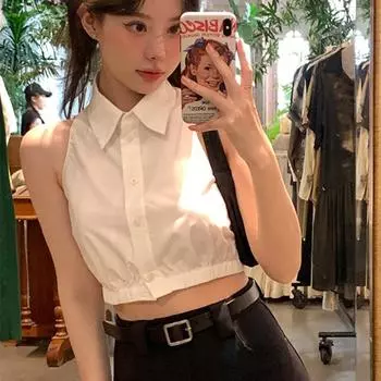 Рубашки женские повседневные сексуальные уличные женские летние простые новые популярные отложные воротники корейский стиль укороченные топы универсальные Hotsweet S белый