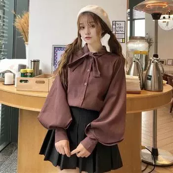 Рубашки женские с бантом Kawaii College Осень корейский стиль элегантные однотонные рукава-фонарики простые уличные свободные модные топы блузки S красный